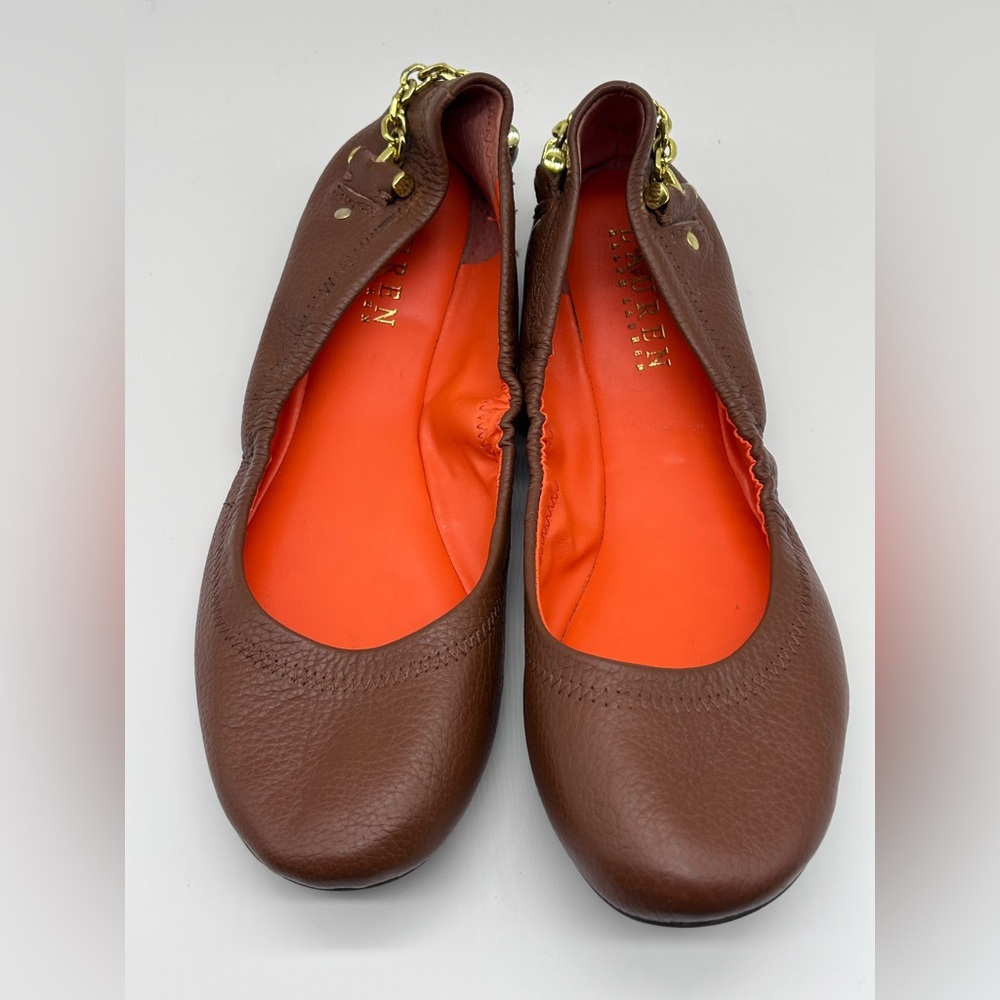 Lauren Ralph Lauren Barb Ballet Flats  Brown Leather Gold Chain 8